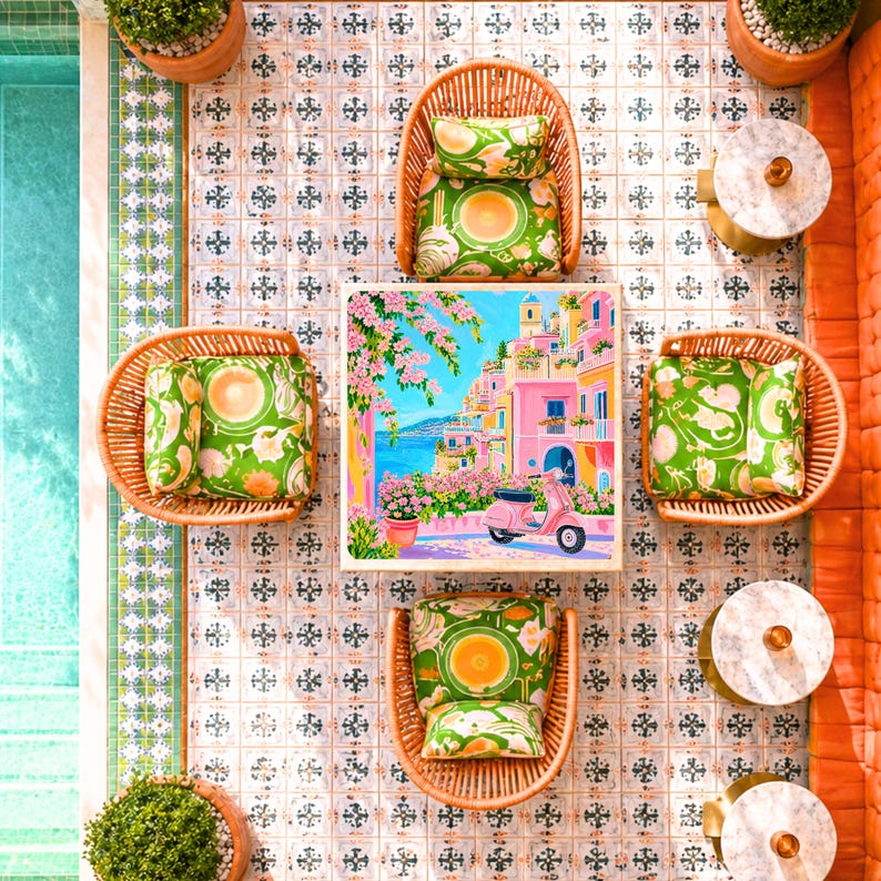 Amalfi Coast Mahjong Mat, Dolce Vita Italian Riviera Style, Pink Vespa Coastal Scene, Preppy Mediterranean Aesthetic, American Mahjong Mat