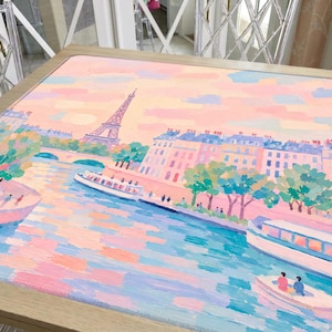 Paris Mahjong Mat, Pink and Blue Hand Painted Eiffel Tower Mat, Parisian Chic Seine River Scene, Hostess Mahjong Gift for her