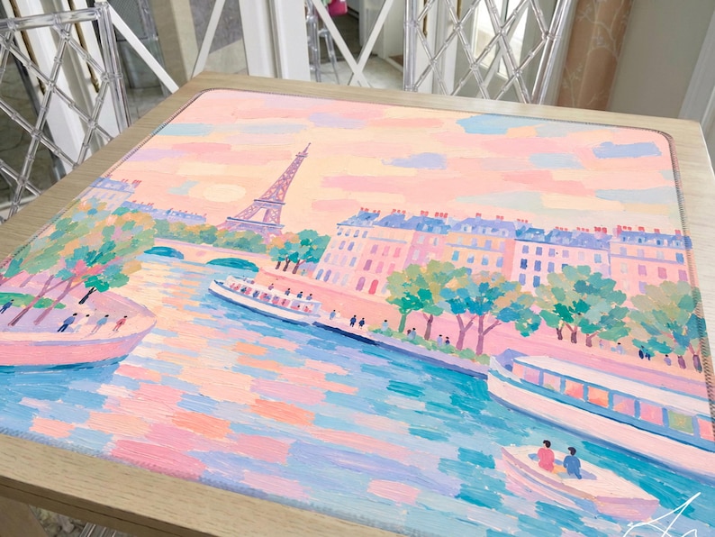 Paris Mahjong Mat, Pink and Blue Hand Painted Eiffel Tower Mat, Parisian Chic Seine River Scene, Hostess Mahjong Gift for her