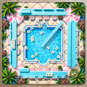 Pink Cabana Mahjong Mat Palm Beach Pool, Green Tropical Resort Mat, Mahjong Birthday Gift