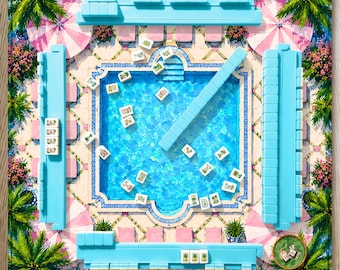 May include: A square mahjong mat featuring a top-down view of a swimming pool surrounded by pink lounge chairs, palm trees, and flowers. Four light blue tile racks are positioned on the sides, with scattered mahjong tiles across the pool surface.
