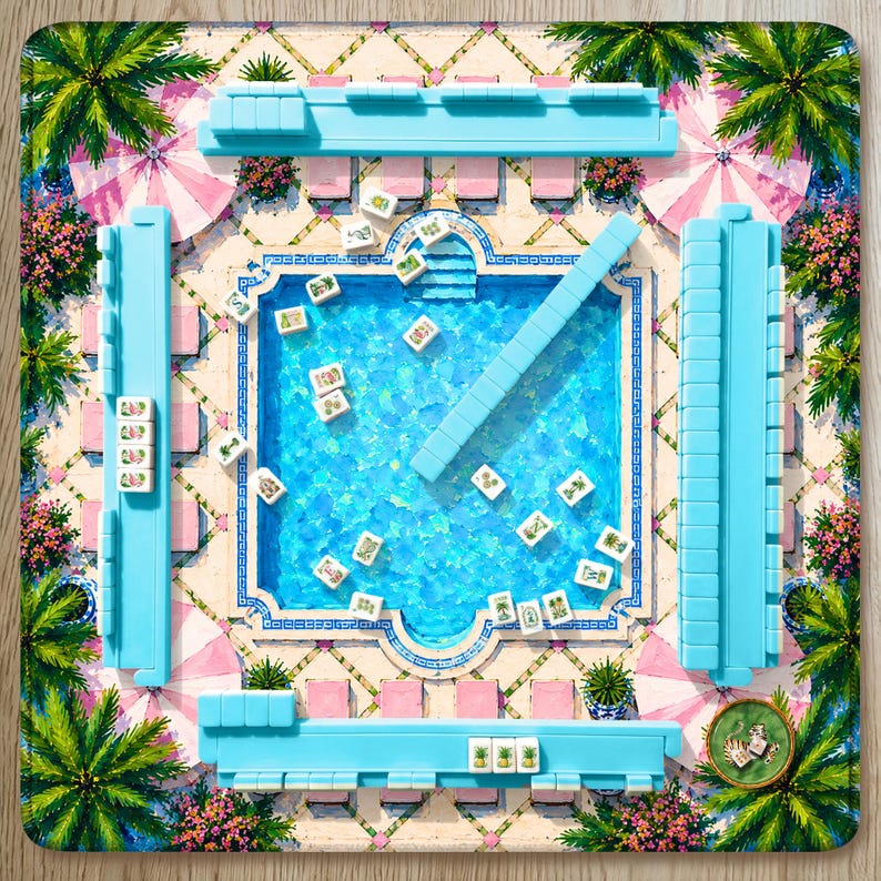 Pink Cabana Mahjong Mat Palm Beach Pool, Green Tropical Resort Mat, Mahjong Birthday Gift