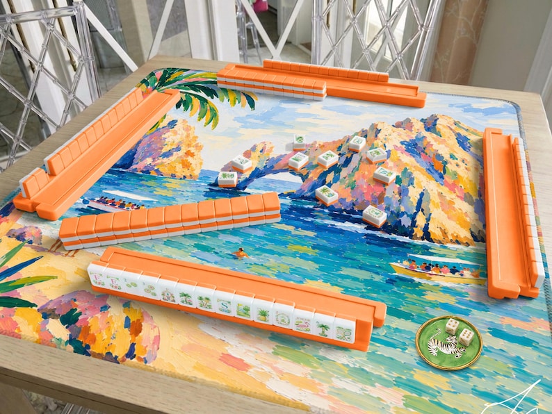 Hand Painted Los Cabos Mahjong Mat, Cabo San Lucas Beach and Arch, Mexico Fiesta Vacation Mahjong Gift for her