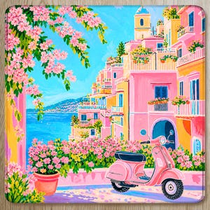 Amalfi Coast Mahjong Mat, Dolce Vita Italian Riviera Style, Pink Vespa Coastal Scene, Preppy Mediterranean Aesthetic, American Mahjong Mat