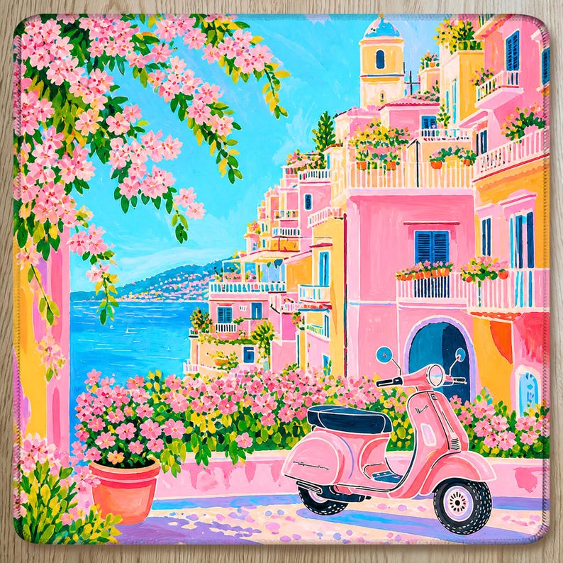 Amalfi Coast Mahjong Mat, Dolce Vita Italian Riviera Style, Pink Vespa Coastal Scene, Preppy Mediterranean Aesthetic, American Mahjong Mat