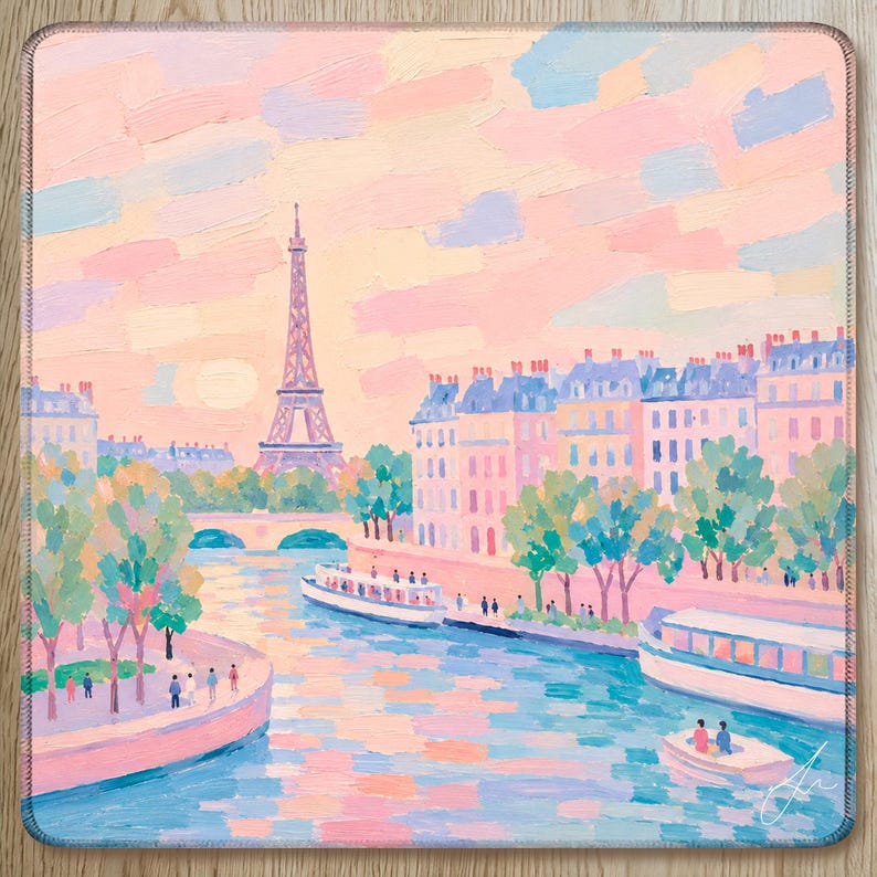 Paris Mahjong Mat, Pink and Blue Hand Painted Eiffel Tower Mat, Parisian Chic Seine River Scene, Hostess Mahjong Gift for her