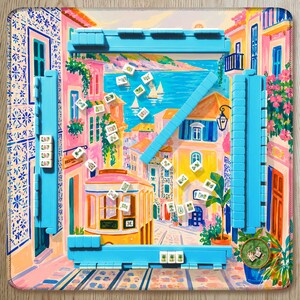 Lisbon Pink Mahjong Mat, Hand Painted Portugal Blue Mat, Coastal Travel Mahjong Gift