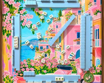 Amalfi Coast Mahjong Mat, Dolce Vita Italian Riviera Style, Pink Vespa Coastal Scene, Preppy Mediterranean Aesthetic, American Mahjong Mat