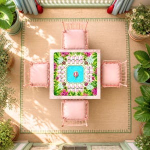 Palm Beach Mahjong Mat, Poolside Birthday Party Design with Pink Lounge Chairs and Green Tile Border, Preppy Resort Mahjong Mat