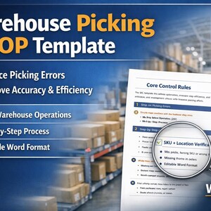 May include: A promotional image for a warehouse SOP template. The title "Warehouse Picking SOP Template" is in white and orange. Key features include reducing errors, improving accuracy, real warehouse operations, step-by-step process, and editable format.