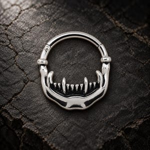 septum ring silver fang clicker, gothic nose ring hoop, 16g 10mm 925 silver septum jewelry