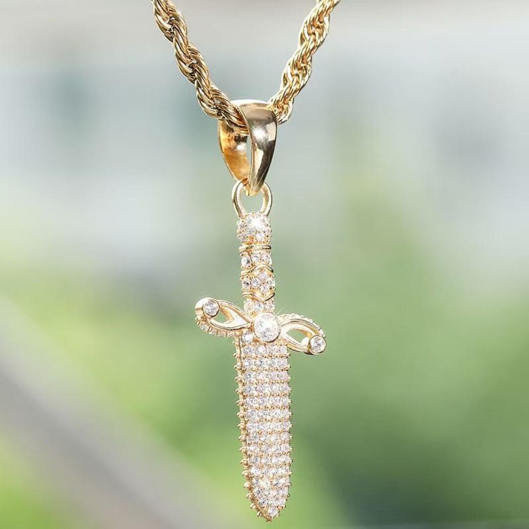 Dagger With Rope 925 Sterling Silver Iced Dagger Necklace, CZ Zirconia Rope Chain, Hip ...