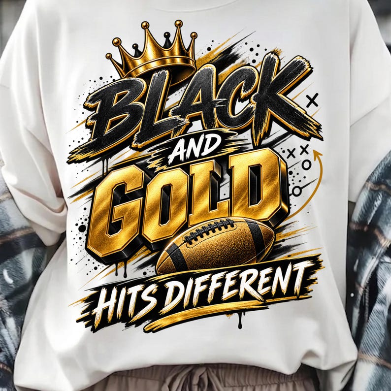 Black and Gold Hits Different PNG, Football Sublimation Design, Game Day Sports Mom Shirt, Black Gold Glitter Grunge Football DTF Design image 3