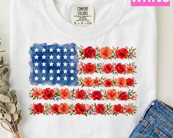 Floral American Flag Comfort Colors Shirt, 4th of July Shirt, Patriotic Flower T-Shirt, Red Poppy Flag Shirt, Women's Independence Day Gift
