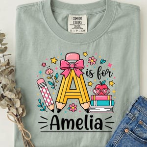 Custom Name Alphabet PNG&SVG, School Girl Sublimation, Coquette Kindergarten Pencil Bow, First Day of School, Personalized Kids Clipart