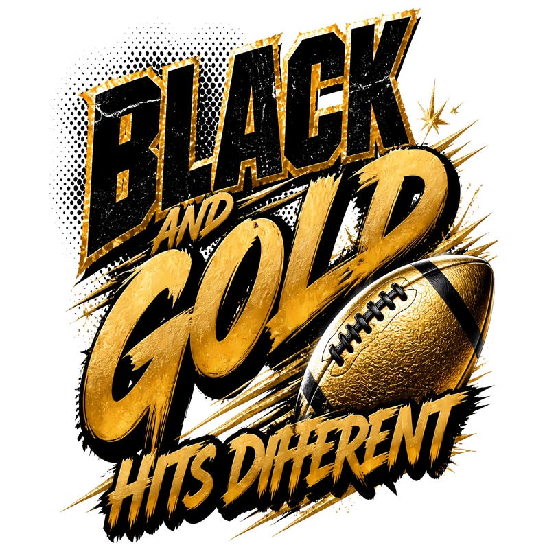 May include: A graphic design featuring the text BLACK AND GOLD HITS DIFFERENT in bold, distressed black and metallic gold lettering. A textured gold American football with black laces is positioned on the right side, surrounded by star accents.