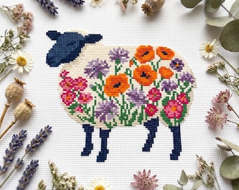 Patrón de punto de cruz de oveja cubierta de flores / Descarga instantánea en PDF