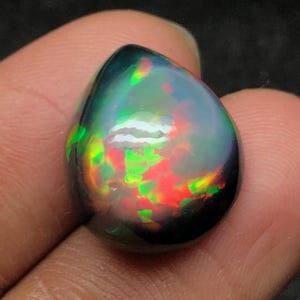 May include: A teardrop-shaped black opal gemstone with vibrant internal fire. The opal displays flashes of red, green, and yellow colors. The polished surface reflects light, showcasing the play-of-color effect. The gemstone is held between fingers.