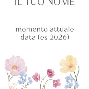 Può includere: Sfondo bianco con illustrazioni floreali ad acquerello e testo. Il testo in alto recita "IL TUO NOME" e sotto, "momento attuale data (es 2026)". I fiori sono rosa, gialli e blu.