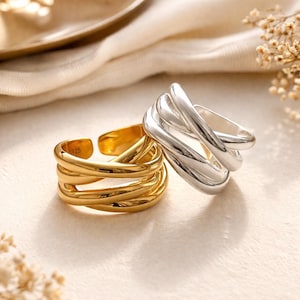 Justerbar S925-ring i guld eller silver, flerradigt öppet korsband, moderna minimalistiska smycken, elegant och trendig present till henne