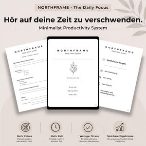 Könnte beinhalten: Ein minimalistisches Produktivitätssystem mit dem Text "NORTHFRAME - The Daily Focus" und "Hör auf deine Zeit zu verschwenden." Drei weiße Blätter zeigen das "Deep Work System" mit Text und Grafiken. Der Boden zeigt Symbole und Text.