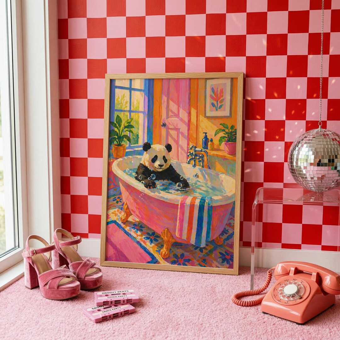 Panda Art Print in a Vintage Bathroom Bathtub With Colorful Pink Tiles ...