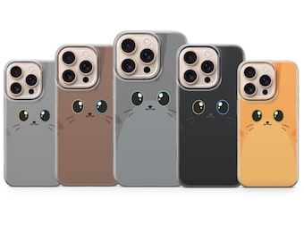 Funda minimalista con ilustración de cara de gato para iPhone 17, 16, 15, 14, 13, 12, 11, Samsung S26, S25, S24, S23, Pixel 10, 9, 8