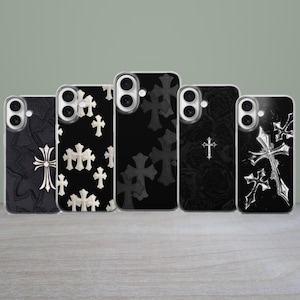 May include: Five rectangular mobile phone cases arranged in a row, each featuring a black background with various white or grey cross patterns. The designs include repeating cross motifs, large singular crosses, and subtle floral textures.