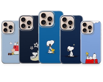 Funda para teléfono de Snoopy y Woodstock, color azul, para iPhone 17, 16, 15, 14, 13, 12, 11, Samsung S26, S25, S24, S23, Pixel 10, 9, 8.