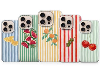 Funda para teléfono con estampado de frutas a rayas y acuarela para iPhone 17, 16, 15, 14, 13, 12, 11, Samsung S26, S25, S24, S23, Pixel 10, 9, 8
