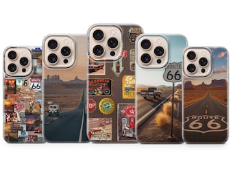Funda para teléfono con diseño de la Ruta 66, estilo retro, para iPhone 17, 16, 15, 14, 13, 12, 11, Samsung S26, S25, S24, S23, Pixel 10, 9, 8.
