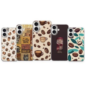 May include: Five phone cases with coffee-related designs. The cases display images of coffee cups, beans, and text such as "Coffee Break" and "Wake Up". The colour scheme includes browns, tans, and greens.