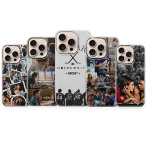 May include: A collection of phone cases featuring various designs. Some cases display collages of images, while others showcase text and graphics, including the words "UNIVERSITY" and "HOCKEY" with crossed hockey sticks. The cases are in different colors.