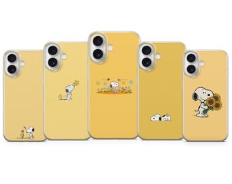 Funda para teléfono de Snoopy y Woodstock, diseño estético, color amarillo, para iPhone 17, 16, 15, 14, 13, 12, 11, Samsung S26, S25, S24, S23, Pixel 10, 9, 8.