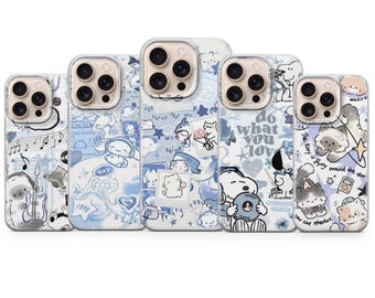 Funda para teléfono con estética azul y diseño de dibujos animados para iPhone 17, 16, 15, 14, 13, 12, 11, Samsung S26, S25, S24, S23, Pixel 10, 9, 8