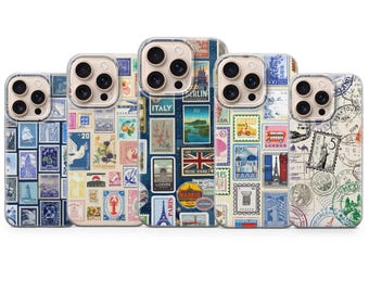 Funda para teléfono con diseño de sello postal vintage y postales de viaje para iPhone 17, 16, 15, 14, 13, 12, 11, Samsung S26, S25, S24, S23, Pixel 10, 9, 8