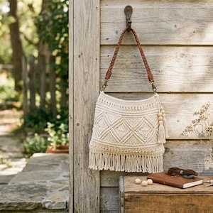 May include: A cream-colored macrame shoulder bag featuring a geometric diamond pattern and a long fringe at the bottom. The bag has a braided brown leather strap attached with metal clasps and a decorative tassel with wooden beads on the side.