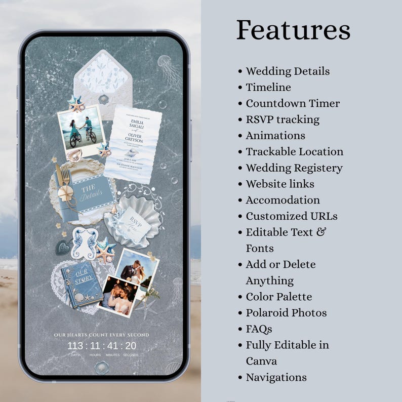 Coastal Beach Save the Date Wedding Website Template, Editable Canva ...