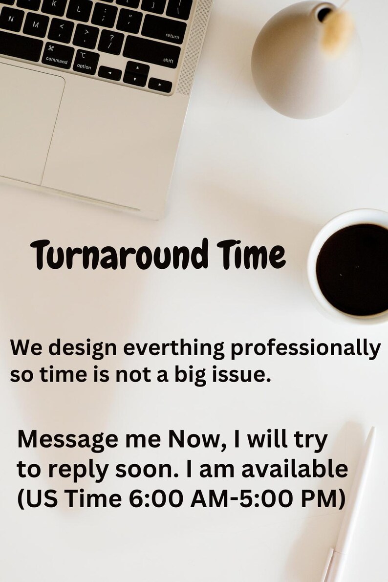 K&ouml;nnte beinhalten: Ein wei&szlig;er Schreibtisch mit einem Laptop, einer Computermaus und einer Tasse Kaffee. Der Text auf dem Bild lautet "Turnaround Time" und "Wir entwerfen alles professionell, daher ist Zeit kein gro&szlig;es Problem."