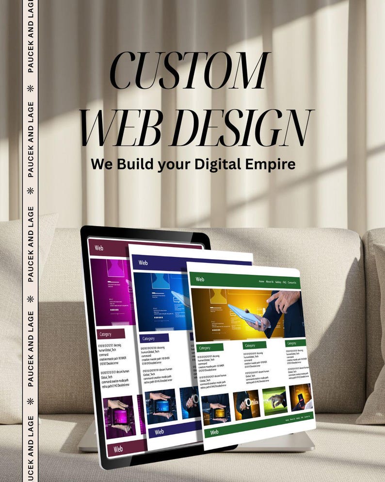 K&ouml;nnte beinhalten: Ein Laptop mit Beispielen f&uuml;r Webdesign, mit dem Text "CUSTOM WEB DESIGN" und "We Build your Digital Empire". Die Designs zeigen verschiedene Farbschemata und Layouts und pr&auml;sentieren Webentwicklungsdienste.
