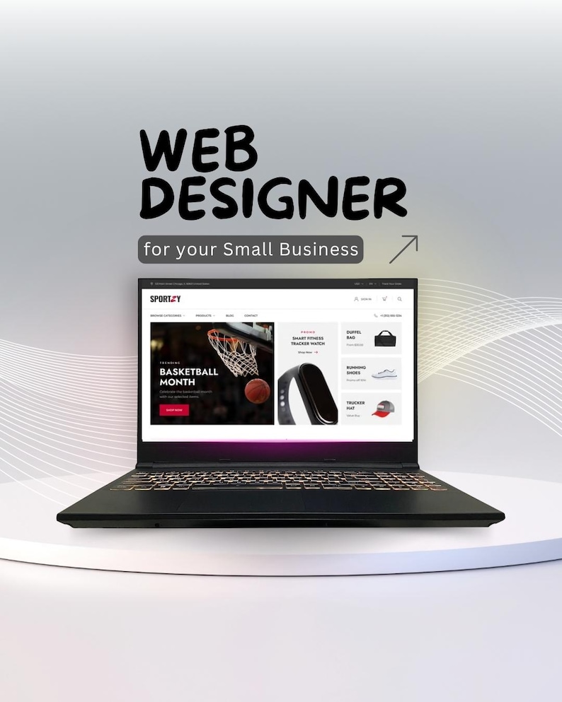 K&ouml;nnte beinhalten: Ein schwarzer Laptop, der ein Website-Design mit dem Text "WEB DESIGNER for your Small Business" anzeigt. Die Website zeigt Sportprodukte, darunter Basketball und Fitnesstracker. Der Laptop steht auf einer wei&szlig;en Oberfl&auml;che.