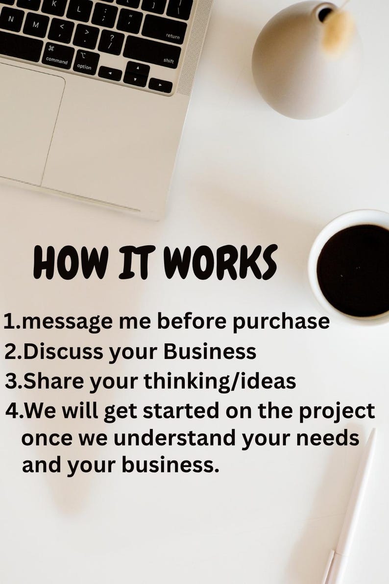 K&ouml;nnte beinhalten: Ein wei&szlig;er Schreibtisch mit einem Laptop, einer Tasse Kaffee und einem Stift. Der Text "HOW IT WORKS" wird angezeigt, gefolgt von einer nummerierten Liste, die den Prozess erkl&auml;rt: Nachricht, diskutieren, Ideen teilen und Projektstart.