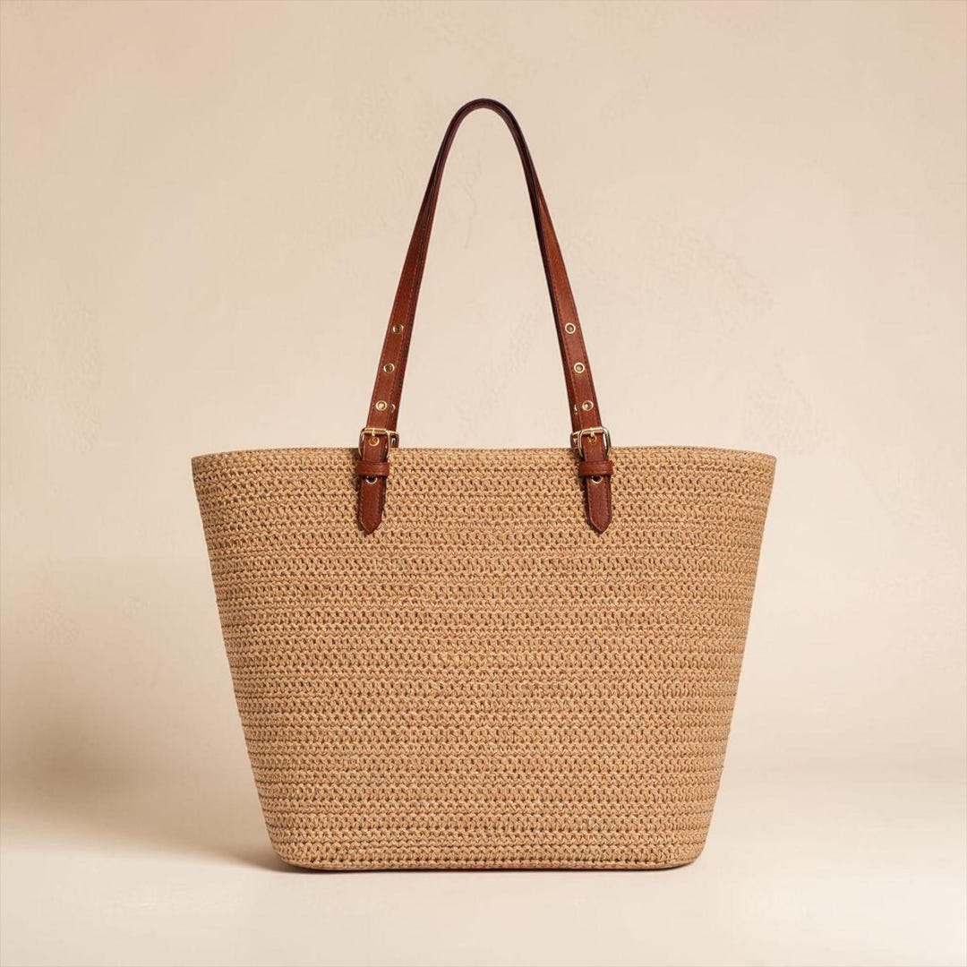 Straw Tote Bag With Adjustable Leather Straps Large Summer Shoulder Bag ...