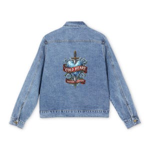 Chaqueta vaquera Cold Heart con diseño de daga y rosa / Parche trasero estilo tatuaje