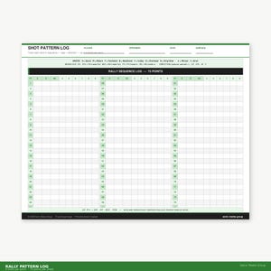 Op de afbeelding: Een wit en groen shot pattern logboek voor het volgen van tennis shots. Het logboek bevat secties voor speler, tegenstander, datum en oppervlak. Het bevat een rally-sequentielogboek met 75 punten.
