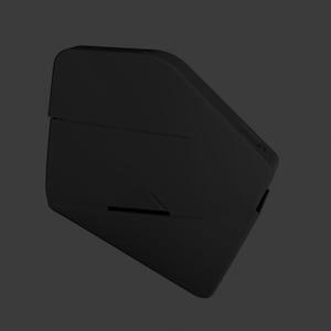 May include: A matte black, angular object with a geometric design. The object has a rectangular shape with a beveled edge and a small, horizontal slit. The overall design is minimalist and modern.