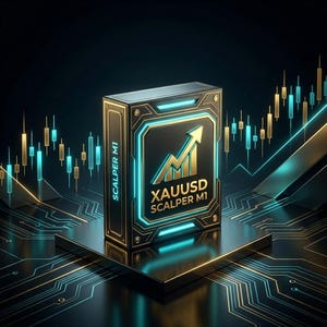 Puede incluir: Una caja negra y dorada con el texto "XAUUSD SCALPER M1" y un gráfico de flecha ascendente. La caja está sobre una plataforma negra con un diseño de placa de circuito. El fondo presenta un gráfico de bolsa.