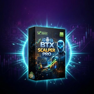 May include: A product box with the text "BTX Scalper Pro" and a futuristic design. The box features a blue-toned illustration of a robot and financial charts, with a "Verified" checkmark. The background has a dark blue and purple gradient.