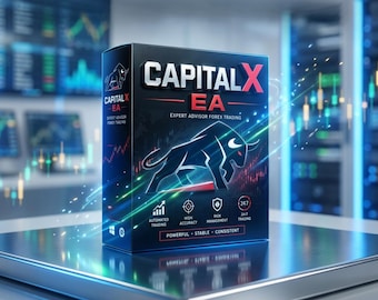 May include: A black rectangular box labeled CapitalX EA Expert Advisor Forex Trading featuring a bull graphic, red and white text, and icons for automated trading, high accuracy, risk management, and 24/7 trading, with glowing light streaks.