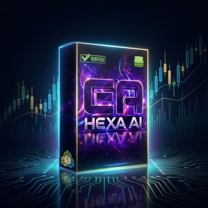 Peut inclure: Une boîte de logiciel rectangulaire étiquetée EA HEXA AI avec un fond nébuleux violet et bleu. La boîte présente une coche verte vérifiée, une icône de récompense cinq étoiles et un petit logo circulaire avec le chiffre cinq, sur un circuit imprimé.